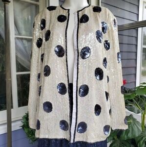 Retro Sequin Beaded Polka Dot Trophy Jacket Navy Blue & Pearl White, Vtg 80's